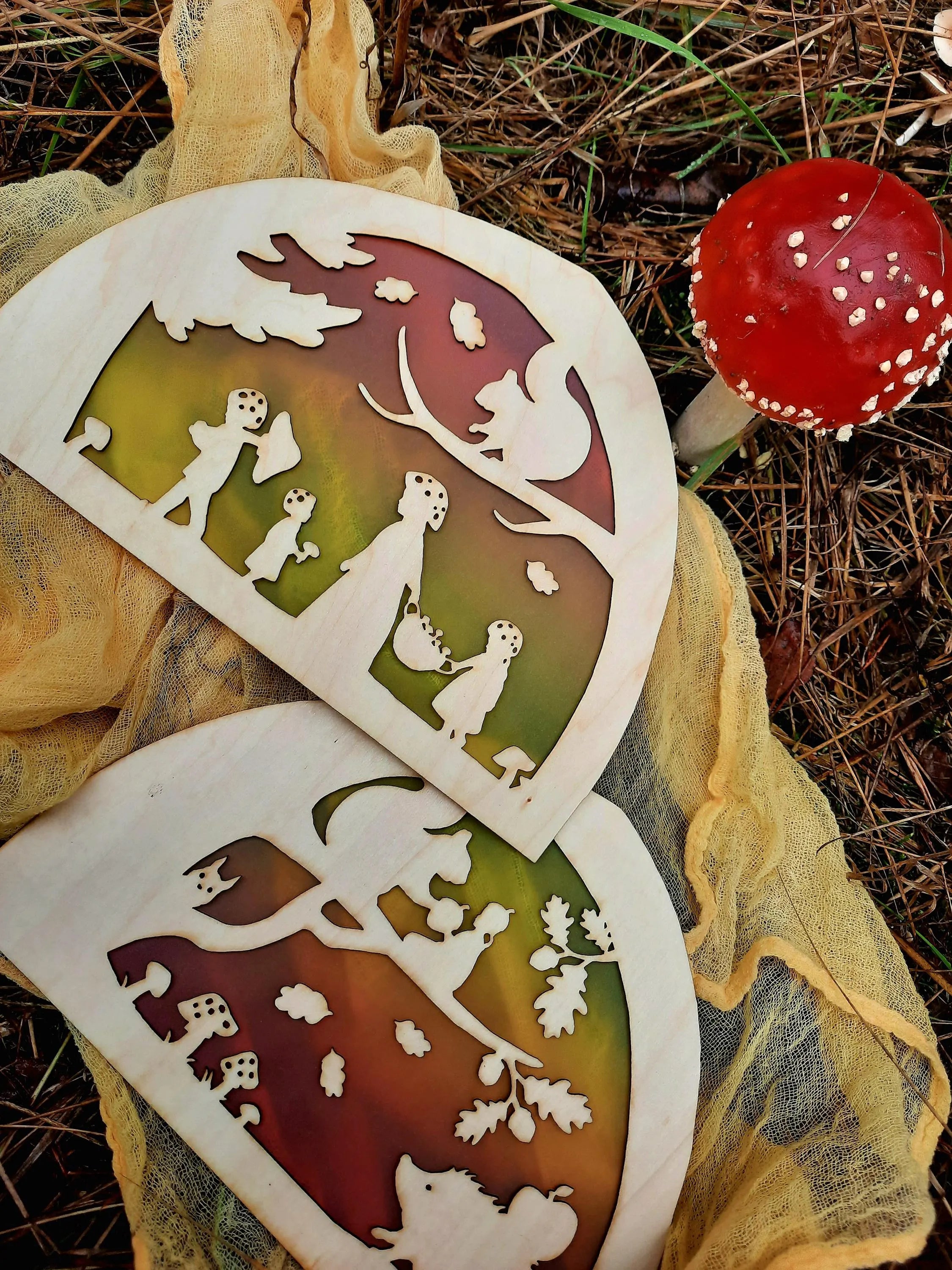 Wooden Mushroom Family Silhouette - Waldorf Window