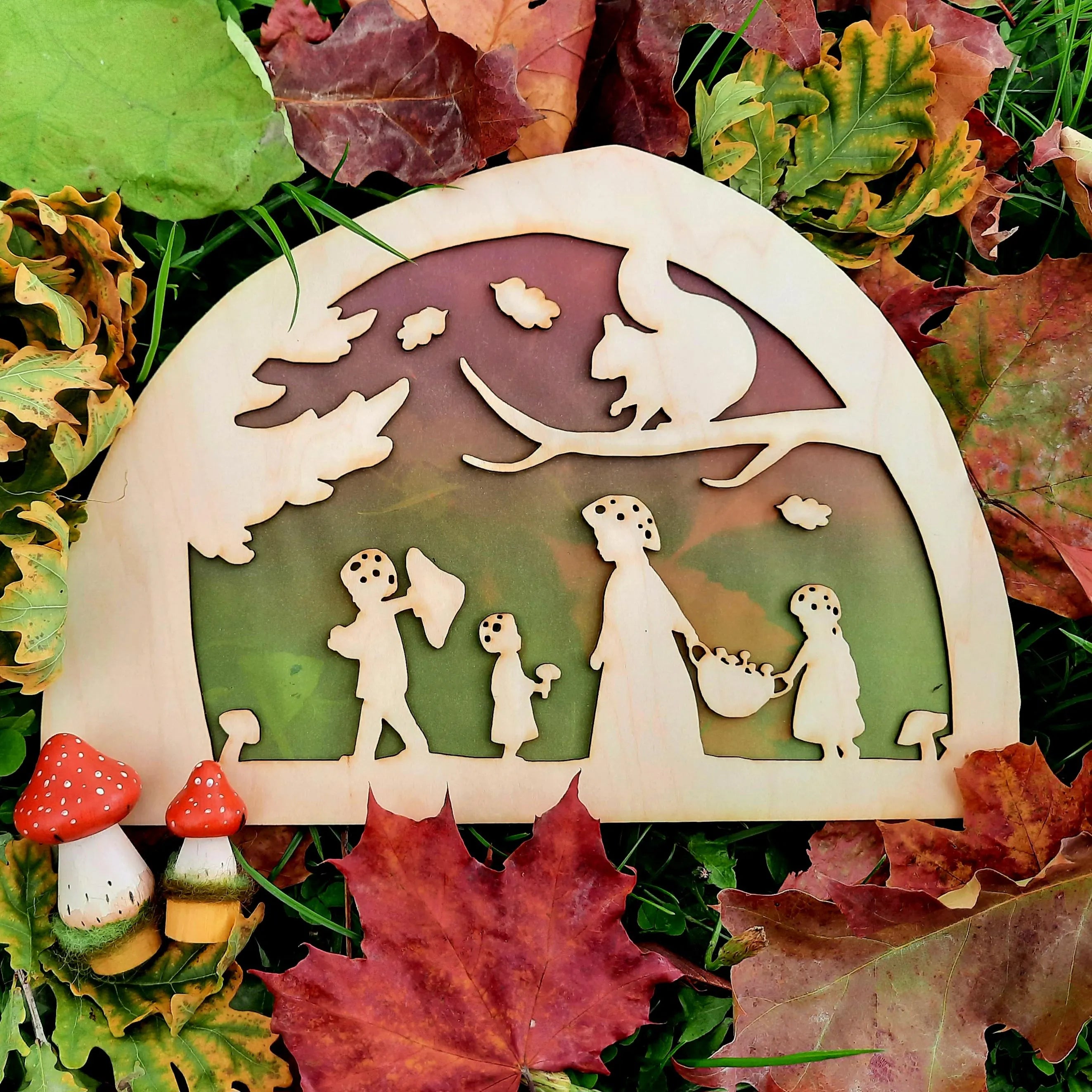 Wooden Mushroom Family Silhouette - Waldorf Window
