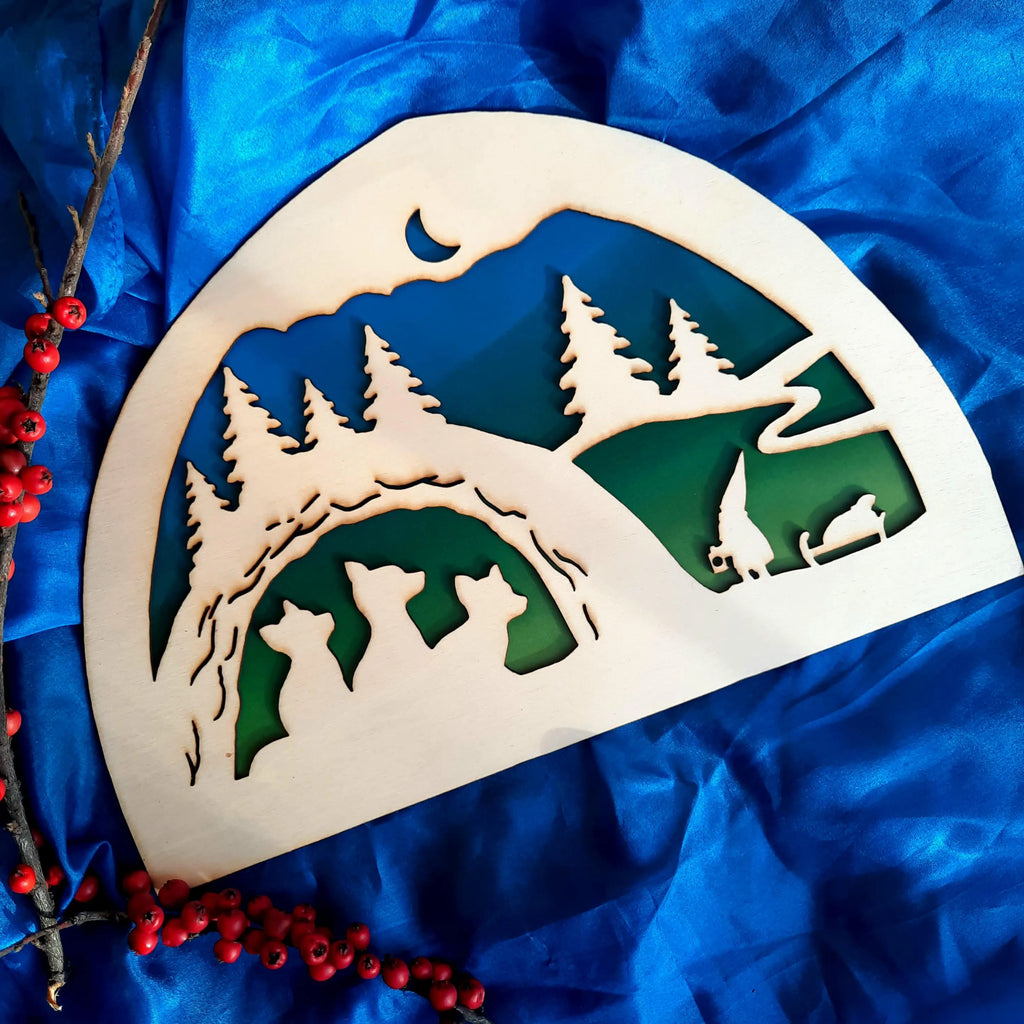 Wooden Tomte & Three Foxes Silhouette - Waldorf Window