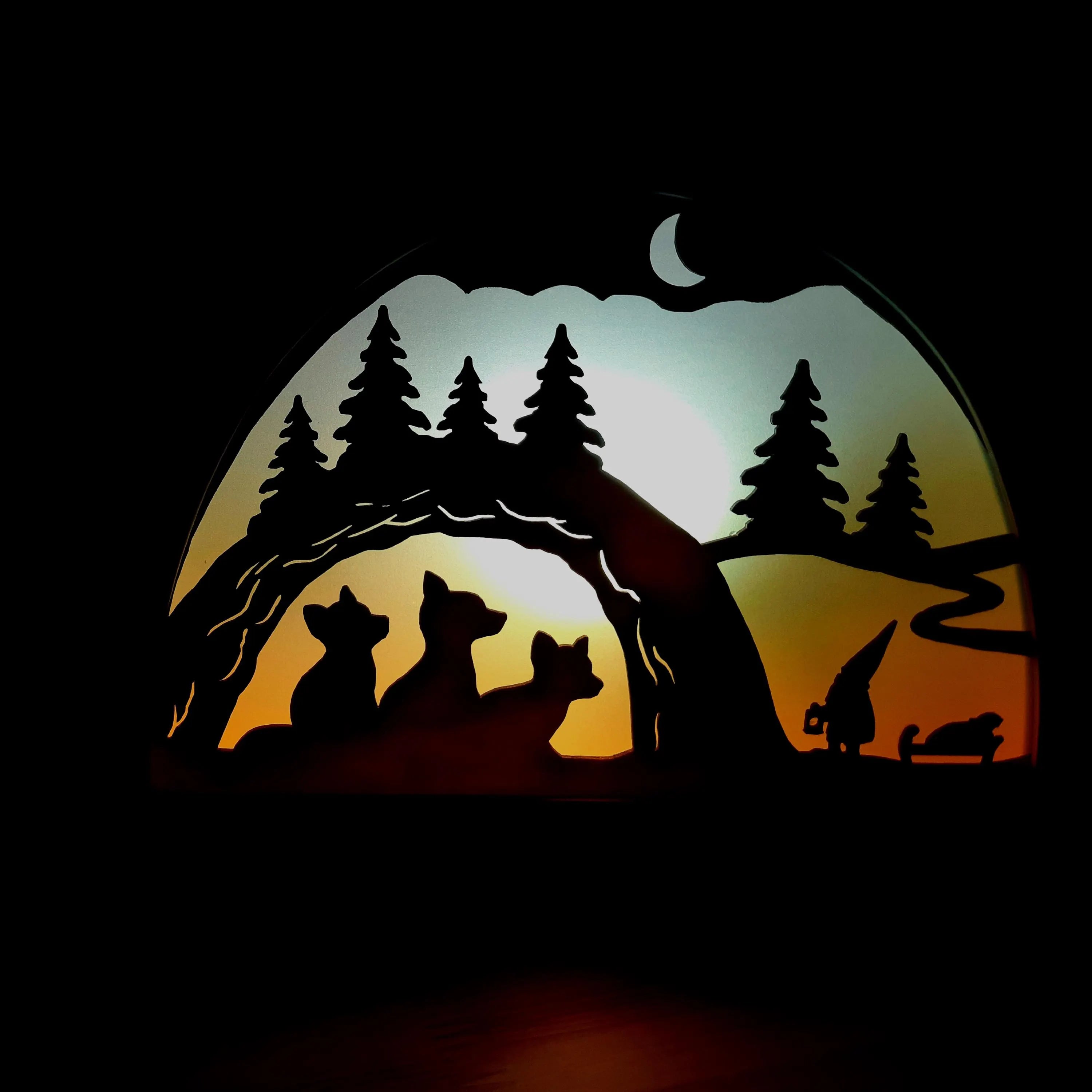 Wooden Tomte & Three Foxes Silhouette - Waldorf Window